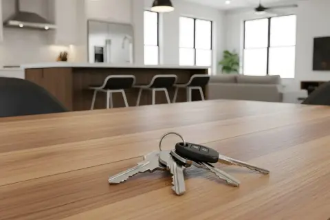 Clés sur une table en bois, symbolisant la vente d'un appartement loué. Cuisine moderne et salon en arrière-plan.