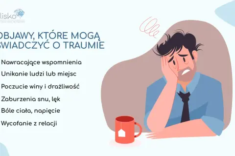 Mężczyzna z ręką na twarzy, wyrażający nie radzenie sobie ze stresem. Obok lista objawów traumy: nawracające wspomnienia, unikanie, poczucie winy, lęk, napięcie.