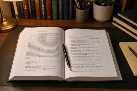 Otwarta księga z tekstem o Johnie Locku i jego przypisy oksfordzkie. Pióro spoczywa na stronie z bibliografią.