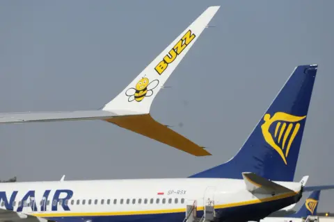 Dwa samoloty na płycie lotniska: jeden z logo Buzz i pszczółką, drugi z logo Ryanair. Czy to lot czarterowy a rejsowy?