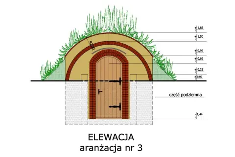 Projekt zrób to sam ziemianka: łukowata konstrukcja z drewnianymi drzwiami, obłożona cegłą i ziemią, porośnięta trawą.