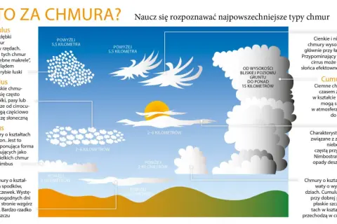 Ilustracja przedstawia różne rodzaje chmur, od wysokich cirrusów po burzowe cumulonimbusy, pomagając rozpoznać typy chmur.