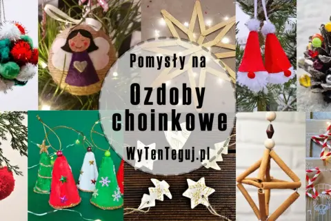 Kolaż zdjęć z różnymi ręcznie robionymi ozdobami choinkowymi: bombki, aniołek, gwiazdy, czapki Mikołaja, szyszka.
