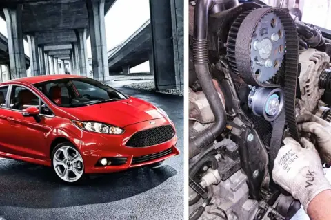 Röd Ford Focus 1.0 EcoBoost. Till vänster en bil, till höger en mekaniker som byter kamrem. Ford Focus 1.0 ecoboost kamremsbyte pris.