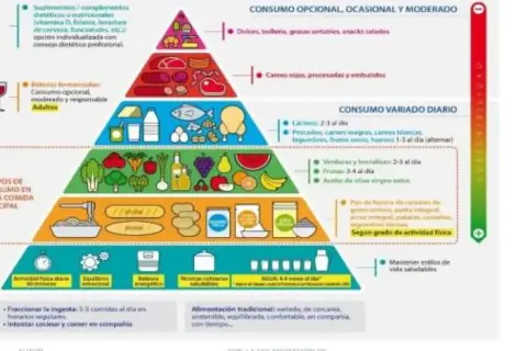 La pirámide de alimentación saludable muestra grupos de alimentos y su consumo diario, opcional o moderado.