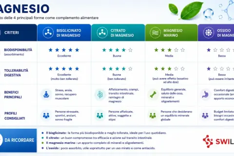 Magnesio: scopri a cosa serve e quale forma scegliere per i tuoi bisogni. Confronto tra bisglicinato, citrato, marino e ossido.