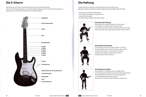 Mann spielt E-Gitarre im Stehen. Der Gitarrengurt ist wichtig, damit man alle Akkorde leicht greifen kann.