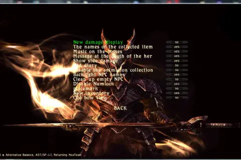 Gothic 3 alternatywny balans: menu ustawień z płonącą postacią w zbroi.