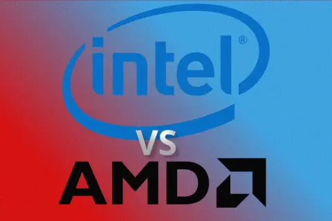 Porównanie procesorów Intel vs AMD. Jaki procesor do laptopa wybrać? Tło z gradientem czerwono-niebieskim.