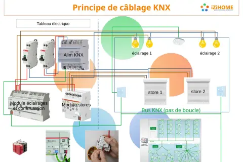 Schéma de câblage KNX montrant un tableau électrique, des modules pour éclairages et stores, et le bus KNX. Chaque fil est essentiel.