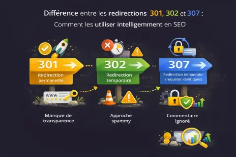 Illustration expliquant les différences entre les redirections 301, 302 et 307, et comment les utiliser en SEO. Une redirection 301 est permanente, 302 temporaire, et 307 temporaire avec requêtes identiques.