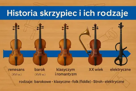 Ewolucja skrzypiec: od renesansu do elektrycznych. Różne rodzaje skrzypiec, w tym barokowe, klasyczne i folkowe, przedstawione na tle historii instrumentu.