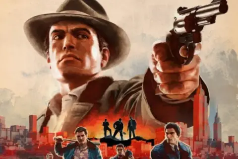 Mafia 2 czas gry: mężczyzna w kapeluszu celuje z rewolweru, w tle miasto i inni gangsterzy.