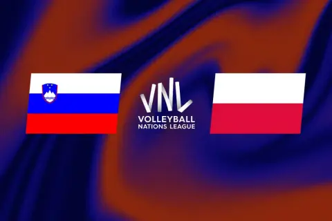 Flagi Polski i Słowenii obok logo VNL. Emocje na parkiecie w Volleyball Nations League!