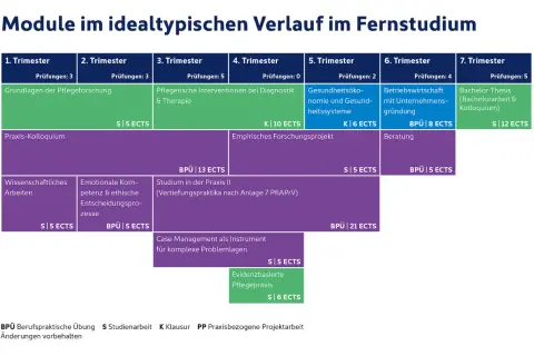Struktur eines Fernlehrgangs Pflege über 7 Trimester, mit Modulen wie Grundlagen, Interventionen, Gesundheitsökonomie und Bachelorarbeit.