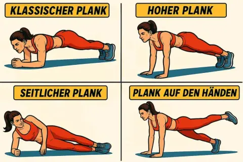 Vier Varianten der Plank-Position: klassisch, hoch, seitlich und auf den Händen.