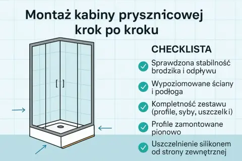 Instrukcja montażu kabiny prysznicowej krok po kroku. Checklist zawiera: stabilność brodzika, wypoziomowanie ścian, kompletność zestawu, montaż profili i uszczelnienie.