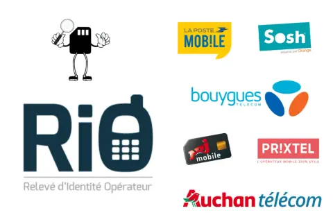 Changement d'opérateur mobile : combien de temps sans téléphone ? Logos de La Poste Mobile, Sosh, Bouygues Telecom, Prixtel, Auchan Telecom, RED by SFR et RIO.