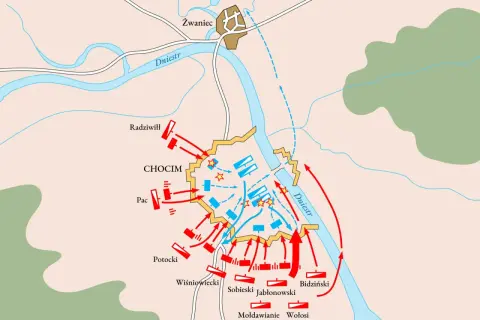 Mapa bitwy pod Chocimiem. Siły polskie (niebieskie) bronią twierdzy, a wojska tureckie (czerwone) atakują.