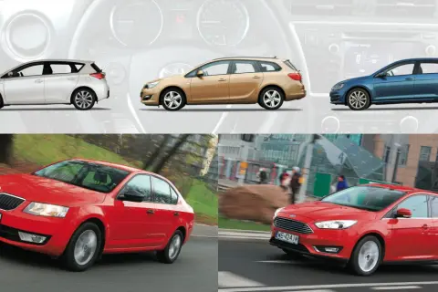 Różne typy aut: biały hatchback, złoty kombi, niebieski hatchback, czerwona Skoda i czerwony Ford Focus.