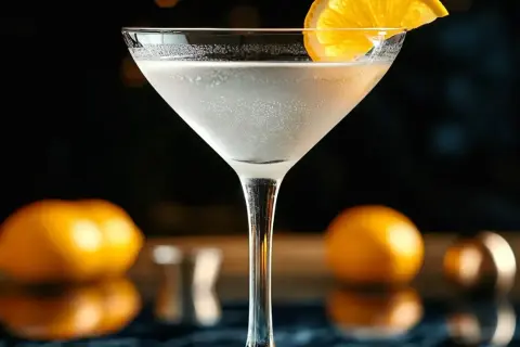 Elegancki martini z wódką, ozdobiony plasterkiem pomarańczy, na tle rozmytych owoców i świateł.
