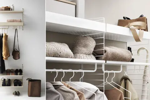 Stringhylla inspiration: kläder, väskor och skor organiserade på stilrena hyllplan. Stickade plagg och accessoarer ger en mysig känsla.