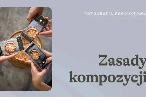 Trzy smartfony fotografują pizzę, pokazując zasady kompozycji i złoty podział w fotografii produktowej.