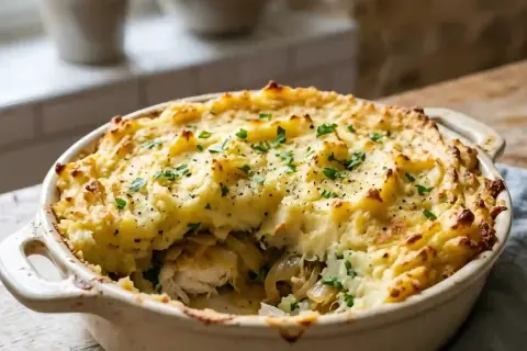 Un parmentier de poisson gourmand, gratiné et parsemé de persil frais. Une bouchée réconfortante et savoureuse.