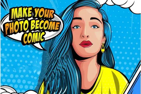 A woman with blue hair and a yellow shirt is depicted in a comic book style. A speech bubble says "Make your photo become comic.