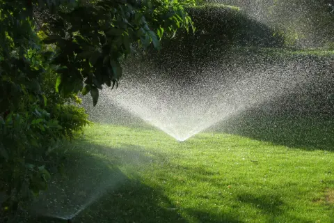 Aspersor en acción, creando una fina lluvia para el riego del césped verde y frondoso.
