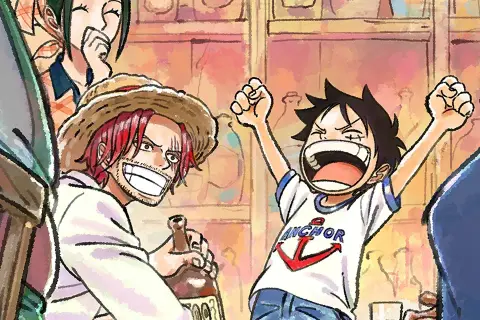 Shanks und ein jubelnder junger Luffy, ein fröhlicher Moment aus dem One Piece Remake.