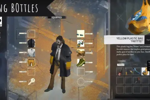 Disco Elysium poradnik: postać zbiera przedmioty, w tym żółtą torbę na uliczne skarby.