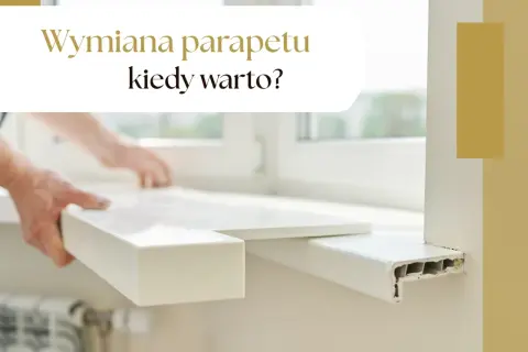 Ręce montują nowy, biały parapet wewnętrzny. Stary, zniszczony parapet jest widoczny obok.