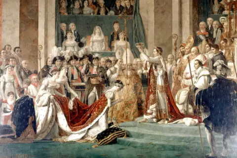 Le sacre de Napoléon 1er. Joséphine, agenouillée, reçoit la couronne. Une scène grandiose de l'Empire français.