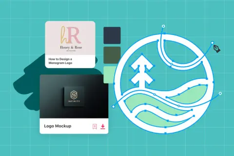 Graphic design elements for logo design tutorials, including a monogram logo example and a circular wave design in progress.