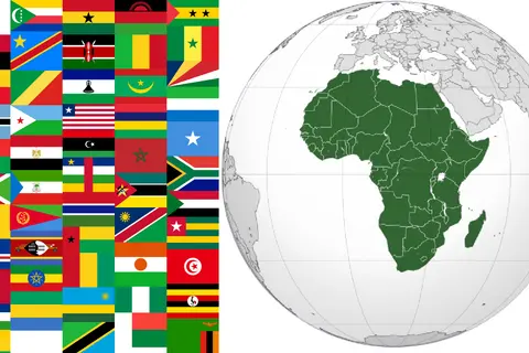 Kraje afryki na tle flag. Mapa świata z zaznaczonym kontynentem afrykańskim i mozaika flag państw afrykańskich.