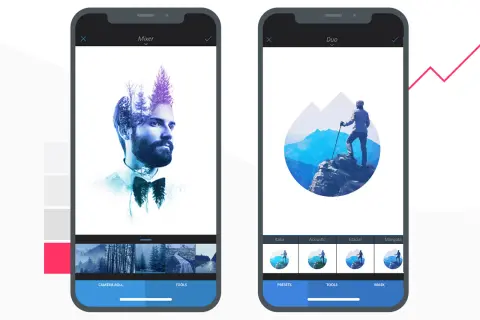 Dos pantallas de móvil muestran un editor de fotos android con efectos creativos: doble exposición en un retrato y un montañista en un paisaje circular.