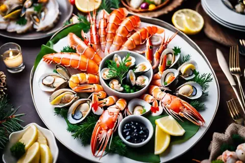 Un plateau de **couvert fruit de mer** festif avec langoustines, moules et crevettes, garni de citron et d'herbes.