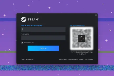Okno logowania Steam z polami na nazwę użytkownika i hasło, oraz kodem QR do logowania mobilnego.