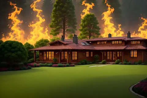 Casa de madera con llamas de fuego al fondo. El césped artificial ignífugo protege el jardín de las llamas.