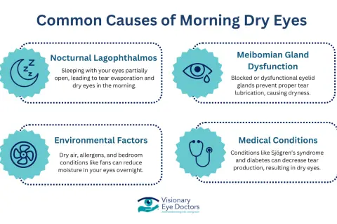 Nocturnal lagophthalmos: sleeping with your eyes partially open causes tear evaporation and dry eyes.