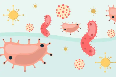 Illustration av olika bakterier och virus. En frisk hals är fri från dessa, medan halsfluss orsakas av dem.