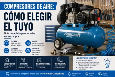 Guía para elegir tu compresor de aire. Descubre para qué sirve un compresor y sus características: presión, caudal, potencia y calderín.