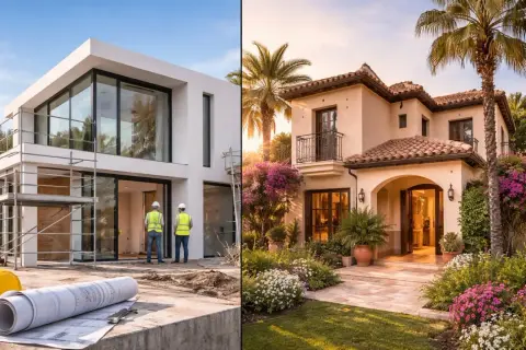 Construir tu propia casa: de los planos a la casa terminada con jardín florecido.