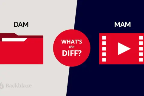 DAM vs. MAM: A red folder represents DAM, while a film strip with a play button signifies MAM. The image asks, "What's the diff?