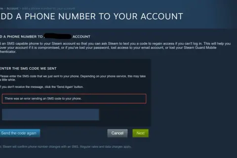 Ekran Steam z komunikatem błędu: "Wystąpił błąd podczas wysyłania kodu SMS na Twój telefon.