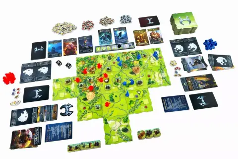 Plansza i komponenty gry planszowej Northgard: Niezbadane ziemie. Gracze eksplorują nowe terytoria, zbierają zasoby i walczą o dominację.
