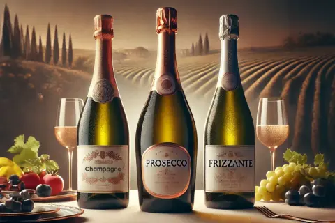 Tre bottiglie di spumante: Champagne, Prosecco e Frizzante, con calici e frutta su un tavolo, sullo sfondo di un vigneto.