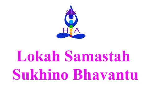 El significado de "Lokah Samastah Sukhino Bhavantu" se representa con un símbolo de yoga y chakras, deseando felicidad a todos los seres.