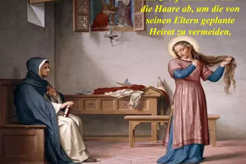 Die heilige Katharina von Siena schneidet sich mit zwölf Jahren die Haare ab, um eine geplante Heirat zu vermeiden. Eine Nonne beobachtet sie.